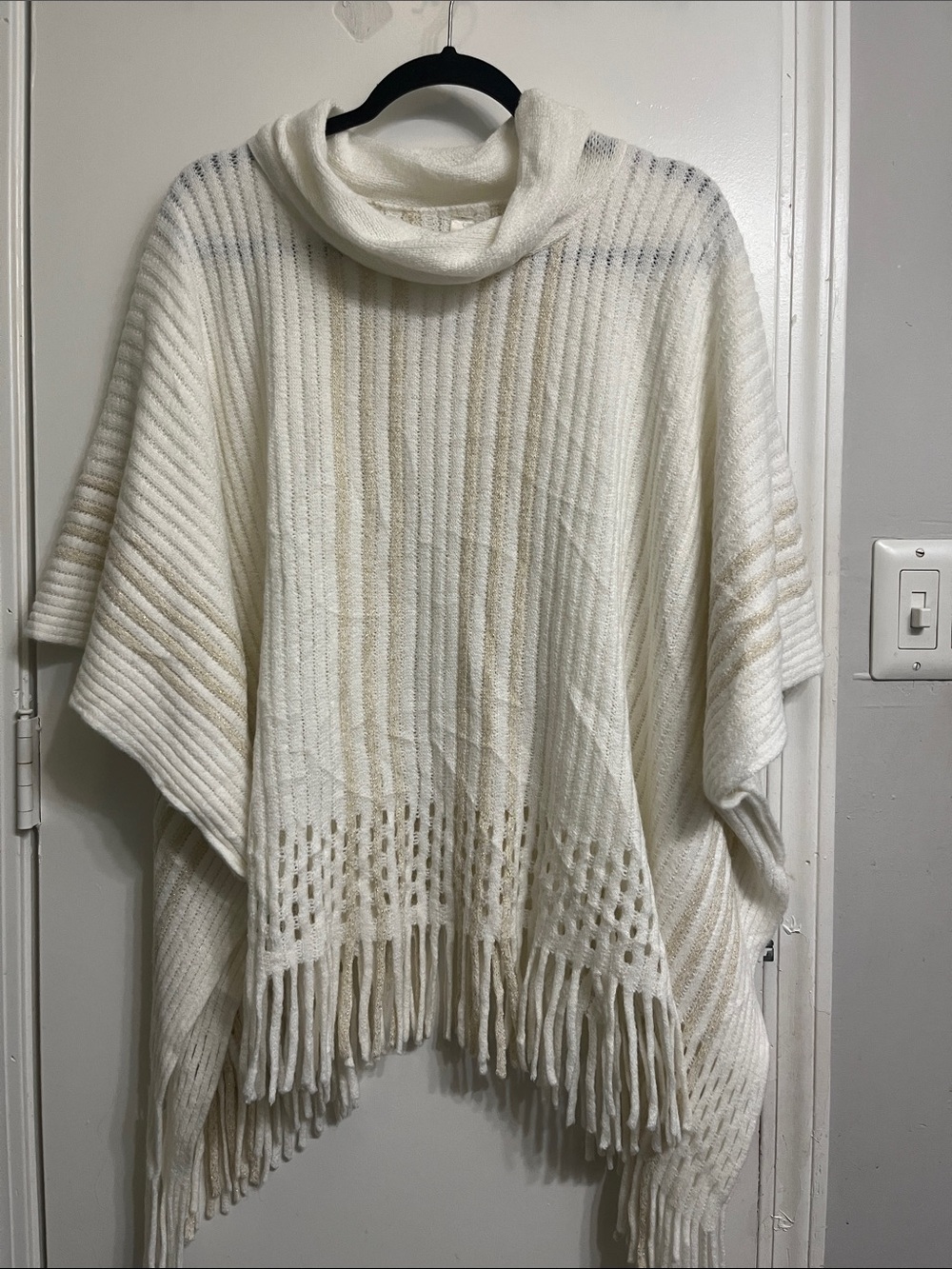 Cream Cozy Cowl Neck Fringe Poncho Sweater